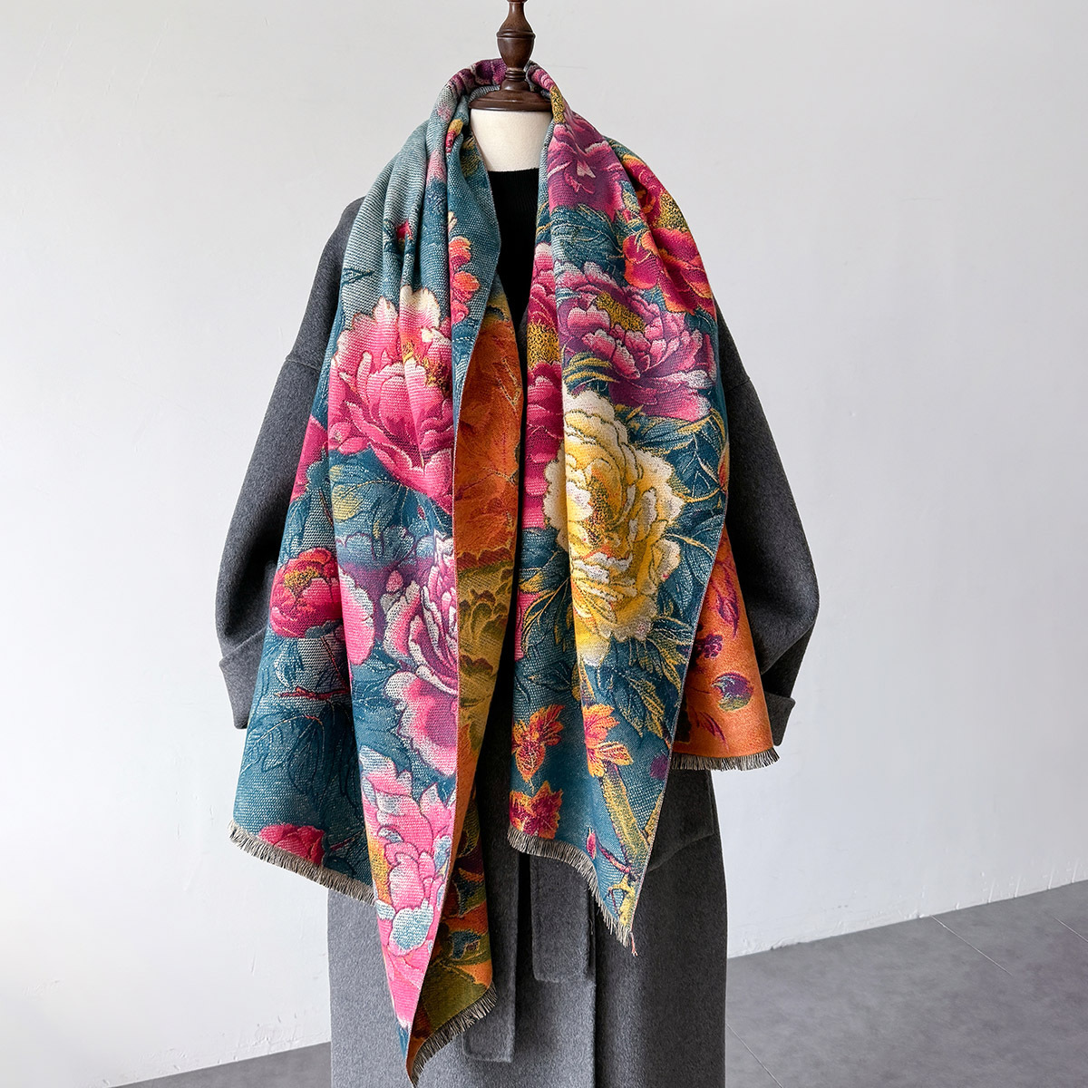 Cashmere Pashmina Wrap - Ciepły szalik kaszmirowy damski szal kwiatowy